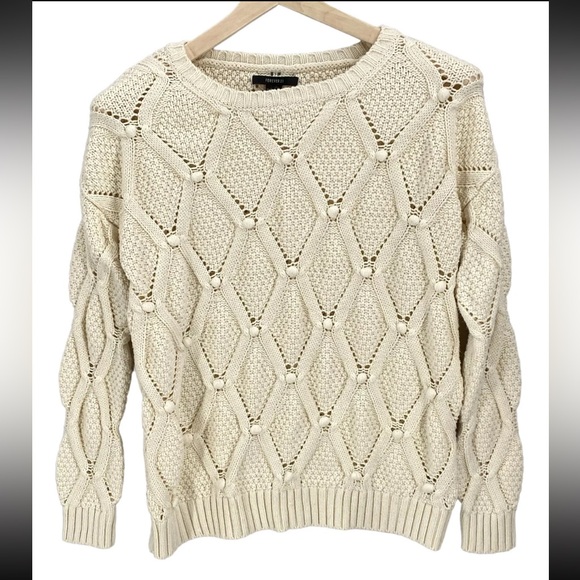 Forever 21 Sweaters - Forever 21 Cable Knit Crew Neck Ivory Pom Pom Pullover Sweater Long Sleeve Small